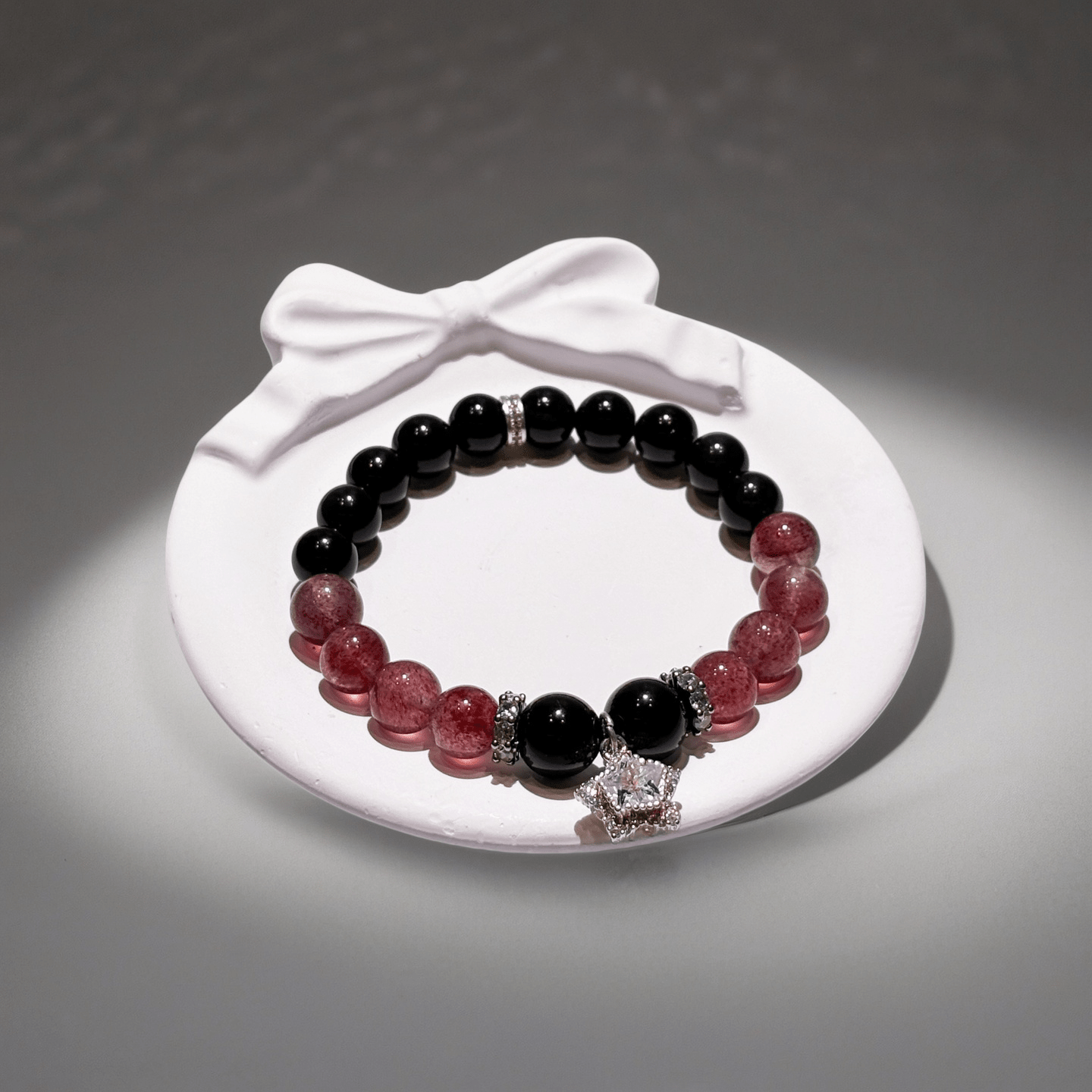 Obsidian & Strawberry Quartz Bracelet Healing Set Chakra - Balancing Crystal Jewelry - Nura Crystal