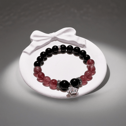 Obsidian & Strawberry Quartz Bracelet Healing Set Chakra - Balancing Crystal Jewelry - Nura Crystal