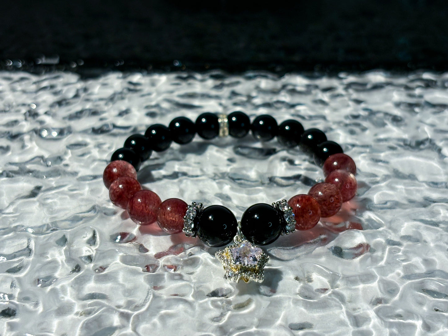 Obsidian & Strawberry Quartz Bracelet Healing Set Chakra - Balancing Crystal Jewelry - Nura Crystal