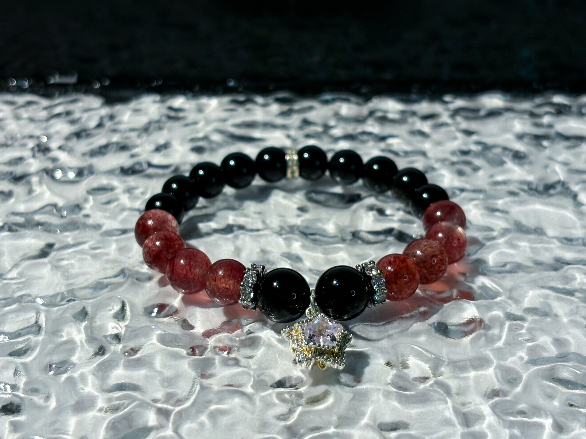 Obsidian & Strawberry Quartz Bracelet Healing Set Chakra - Balancing Crystal Jewelry - Nura Crystal
