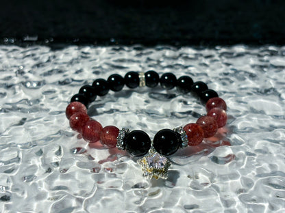 Obsidian & Strawberry Quartz Bracelet Healing Set Chakra - Balancing Crystal Jewelry - Nura Crystal