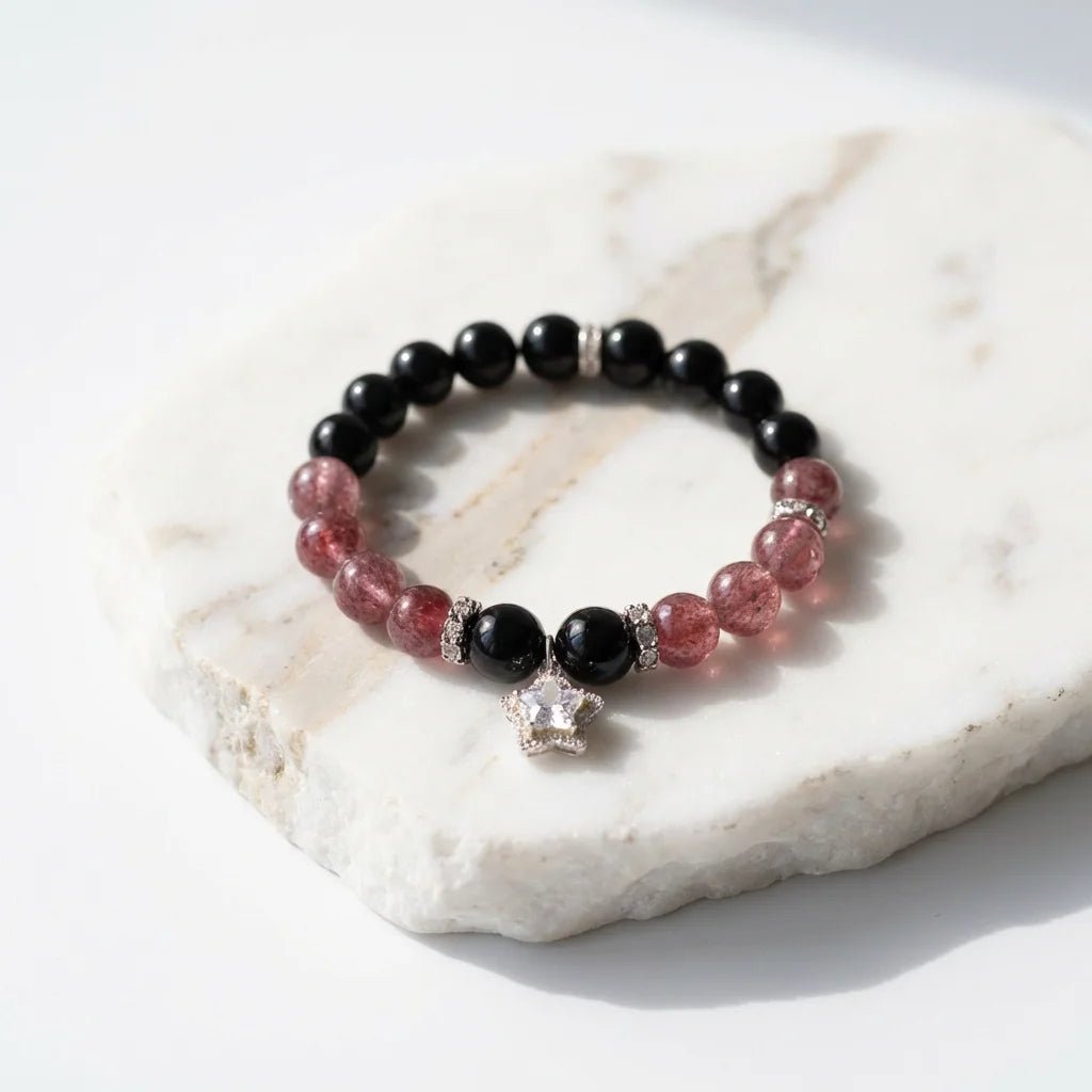 Obsidian & Strawberry Quartz Bracelet Healing Set Chakra - Balancing Crystal Jewelry - Nura Crystal