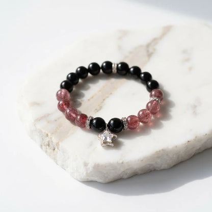 Obsidian & Strawberry Quartz Bracelet Healing Set Chakra - Balancing Crystal Jewelry - Nura Crystal