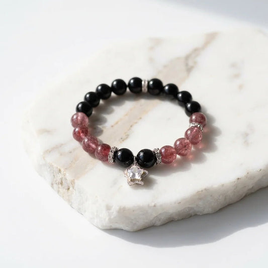 Obsidian & Strawberry Quartz Bracelet Healing Set Chakra - Balancing Crystal Jewelry - Nura Crystal