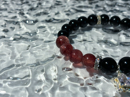 Obsidian & Strawberry Quartz Bracelet Healing Set Chakra - Balancing Crystal Jewelry - Nura Crystal