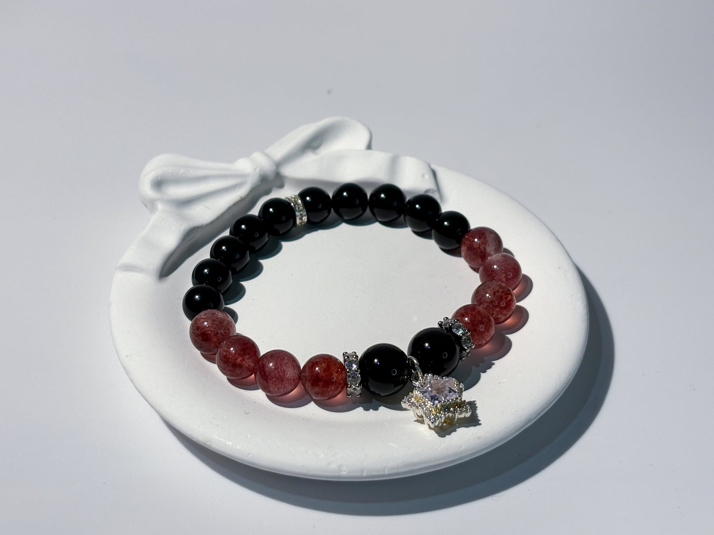 Obsidian & Strawberry Quartz Bracelet Healing Set Chakra - Balancing Crystal Jewelry - Nura Crystal
