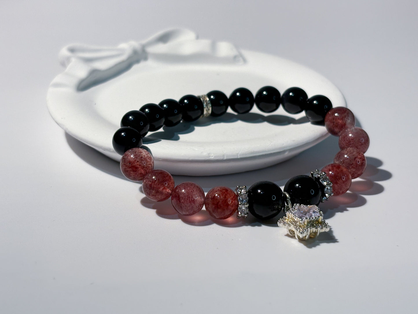 Obsidian & Strawberry Quartz Bracelet Healing Set Chakra - Balancing Crystal Jewelry - Nura Crystal