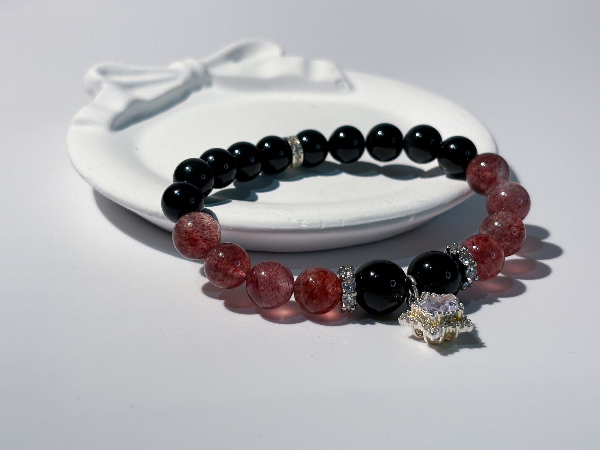 Obsidian & Strawberry Quartz Bracelet Healing Set Chakra - Balancing Crystal Jewelry - Nura Crystal