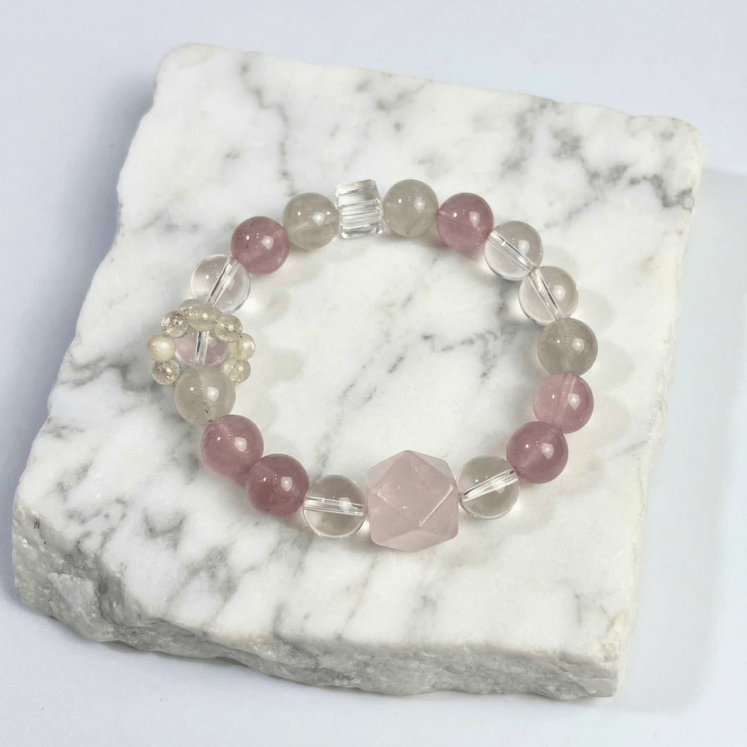 Premium Rose Quartz & White Phantom Bracelet Healing Set Chakra - Balancing Crystal Jewelry - Nura Crystal