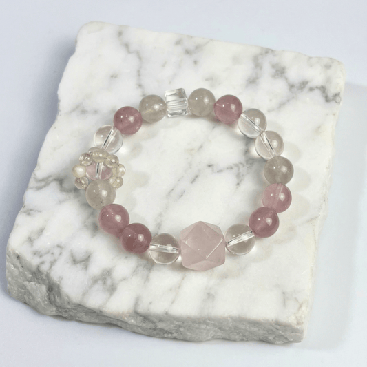 Premium Rose Quartz & White Phantom Bracelet Healing Set Chakra - Balancing Crystal Jewelry - Nura Crystal