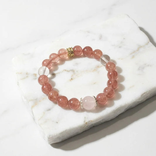 Strawberry Quartz, Clear Quartz & Madagascar Rose Quartz Bracelet Healing Set Chakra - Balancing Crystal Jewelry - Nura Crystal