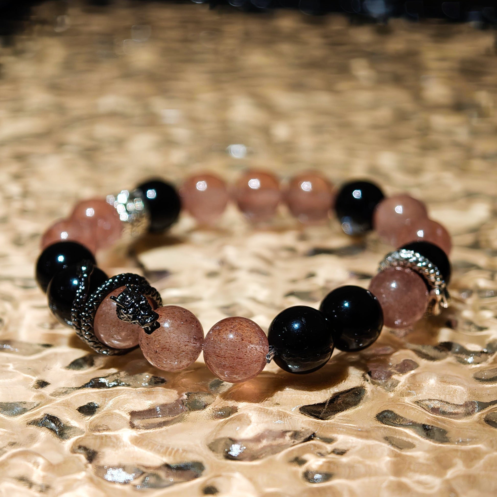 Strawberry Rose Quartz & Obsidian Coiling Dragon Crystal Chakra - Balancing Crystal Jewelry - Nura Crystal