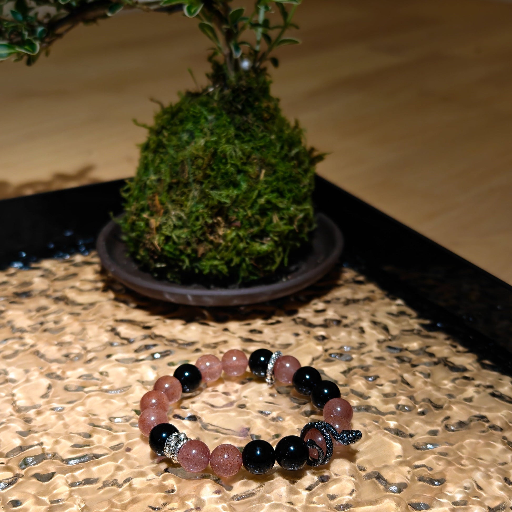 Strawberry Rose Quartz & Obsidian Coiling Dragon Crystal Chakra - Balancing Crystal Jewelry - Nura Crystal