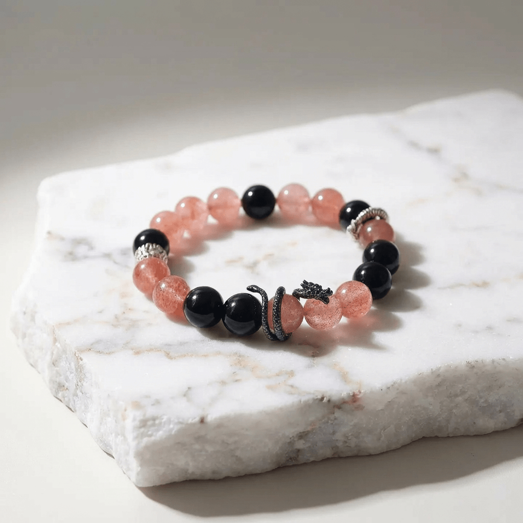 Strawberry Rose Quartz & Obsidian Coiling Dragon Crystal Chakra - Balancing Crystal Jewelry - Nura Crystal