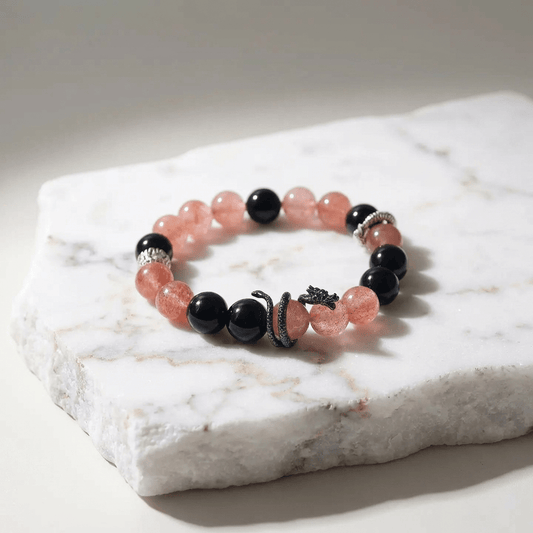 Strawberry Rose Quartz & Obsidian Coiling Dragon Crystal Chakra - Balancing Crystal Jewelry - Nura Crystal