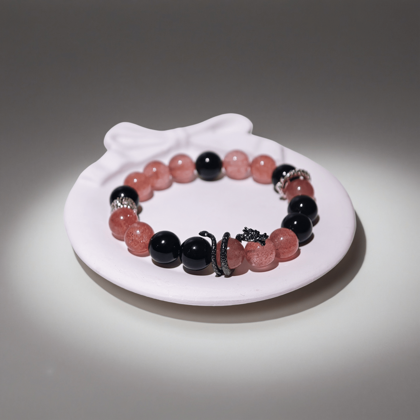 Strawberry Rose Quartz & Obsidian Coiling Dragon Crystal Chakra - Balancing Crystal Jewelry - Nura Crystal
