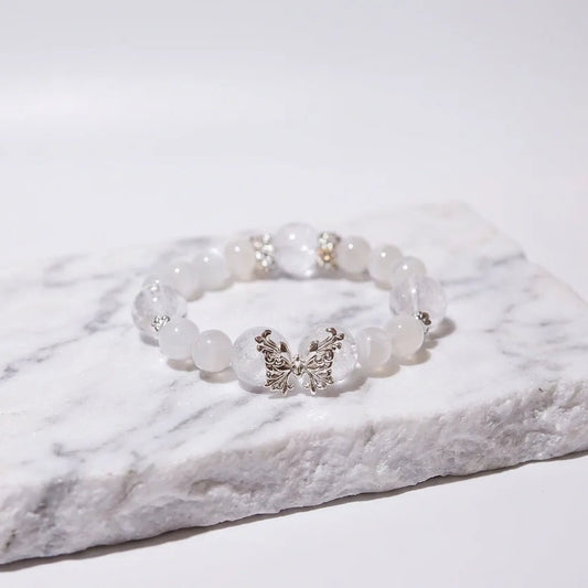 White Cat's Eye & White Phantom Quartz Bracelet Healing Set Chakra - Balancing Crystal Jewelry - Nura Crystal