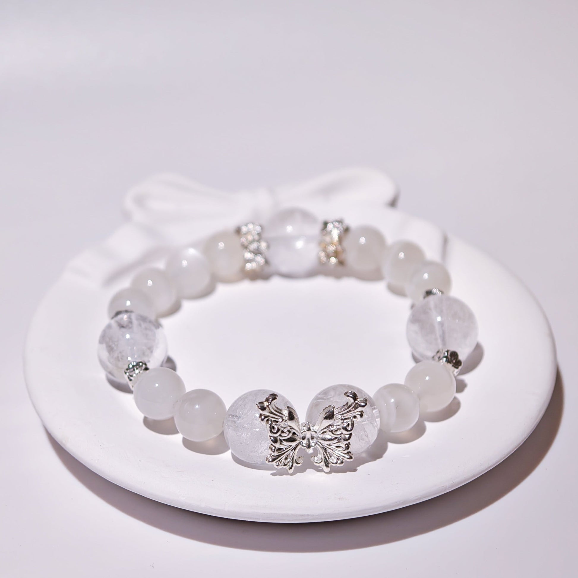 White Cat's Eye & White Phantom Quartz Bracelet Healing Set Chakra - Balancing Crystal Jewelry - Nura Crystal