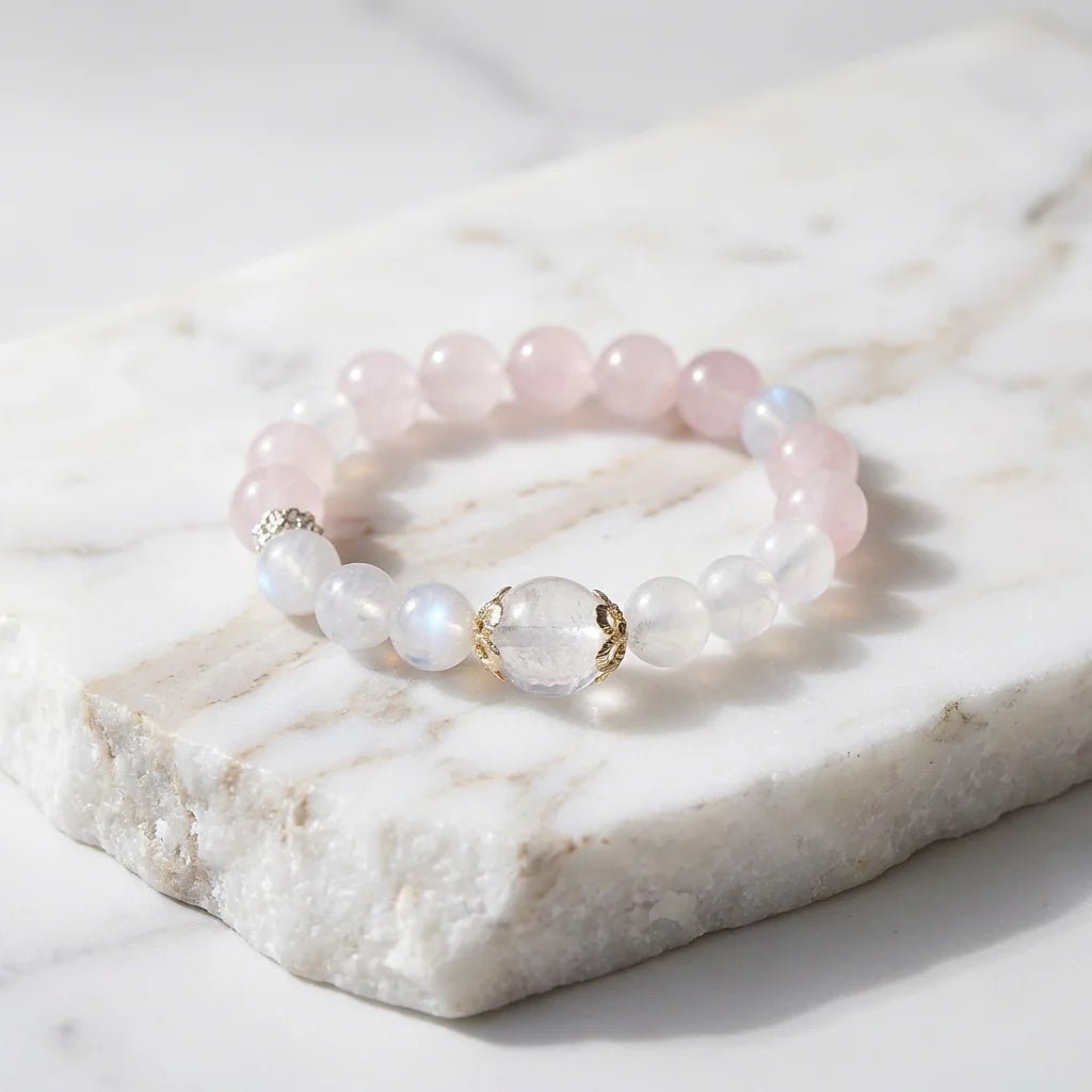 White Moonstone & Madagascar Rose Quartz Bracelet Healing Set Chakra - Balancing Crystal Jewelry - Nura Crystal