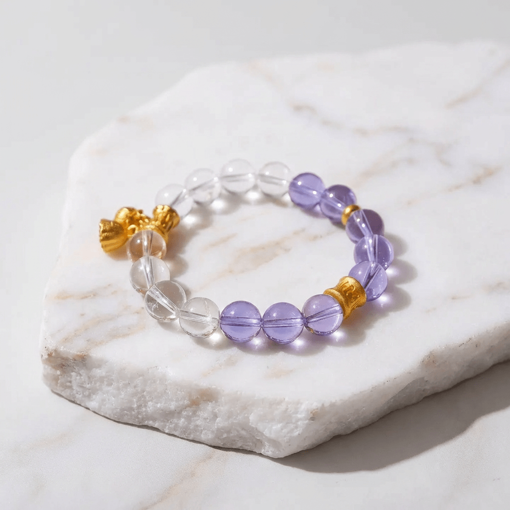 White Quartz & Amethyst & Gold Accents Bracelet Healing Set Chakra - Balancing Crystal Jewelry - Nura Crystal