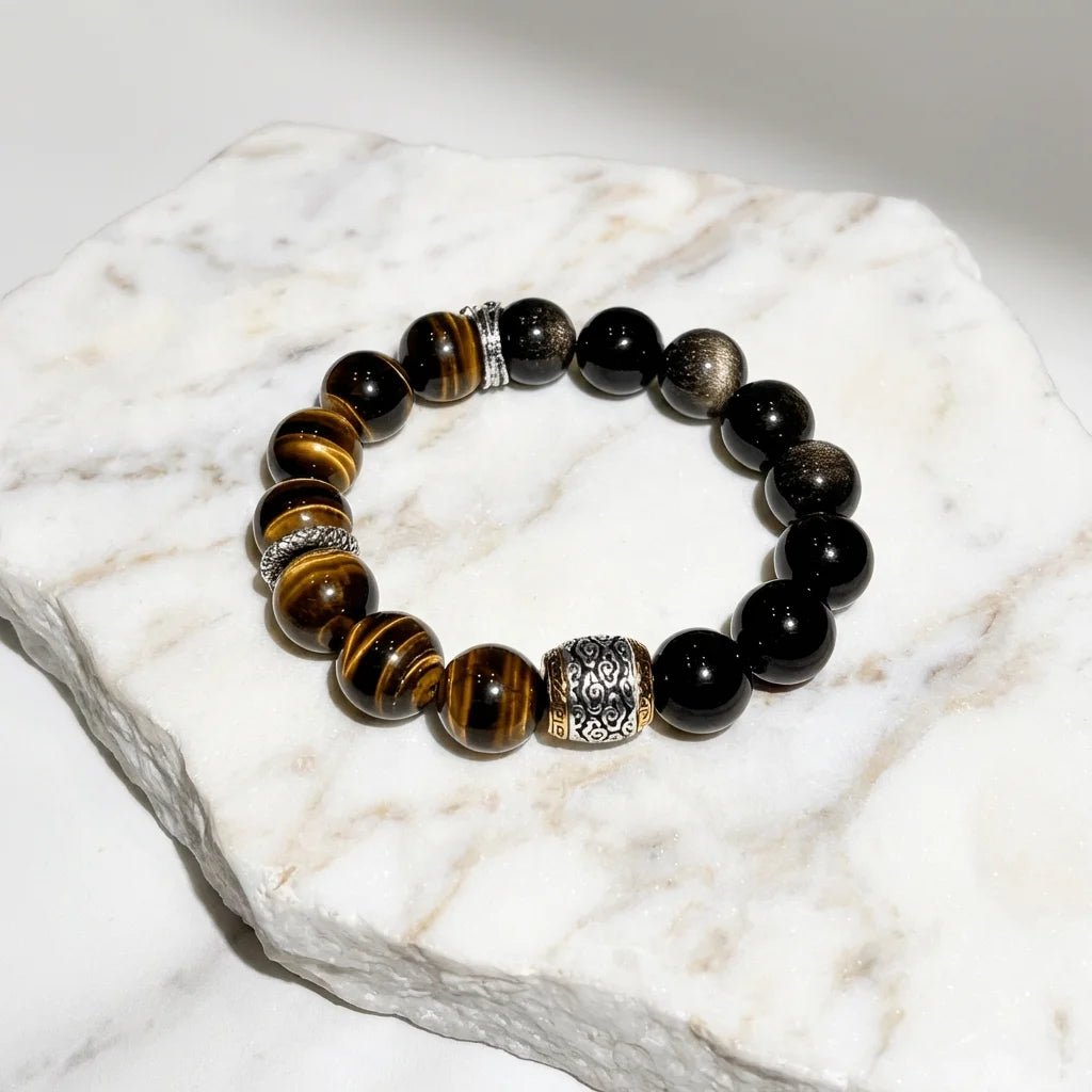 Yellow Tiger's Eye & Golden Sheen Obsidian Bracelet Healing Set Chakra - Balancing Crystal Jewelry - Nura Crystal