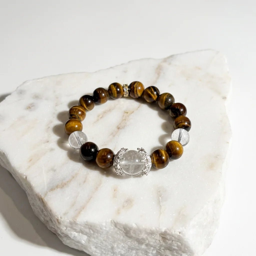 Yellow Tiger's Eye & White Phantom Quartz Bracelet Healing Set Chakra - Balancing Crystal Jewelry - Nura Crystal